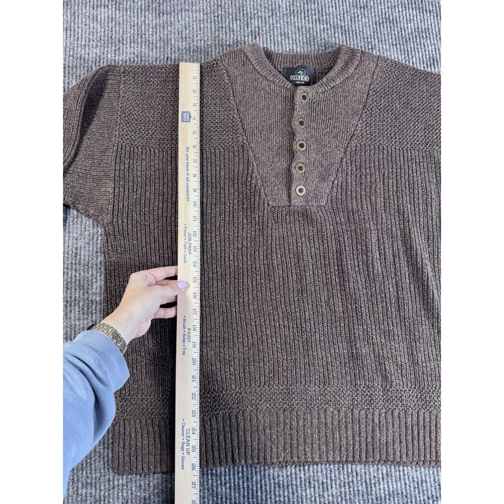 RedHead Brown Chunky-Knit Cotton Acrylic Henley Sweater XL Crew Neck Long Sleeve